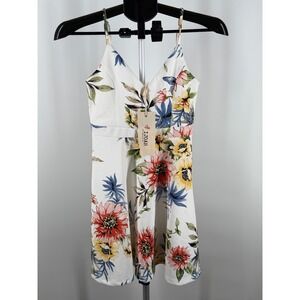 IJOAH Women Floral V-Neck Mini Dress‎ White Multi Color Adjustable Straps Small
